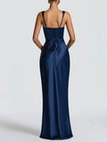 Sexy Satin Evening Long Dresses for Women Square Collar Sleeveless High Waist Folds Slimming Bodycon Dress Female