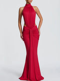 Solid Loose Spliced Folds Chic Dress for Women Halter Sleeveless Sexy Temperament Dresses Female Summer Fashion New