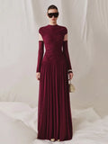 Solid Slim Fit Maxi Dress Elegant O-neck Detachable Long Sleeves Party Dress New Temperament Pleated Women Maxi Dresses