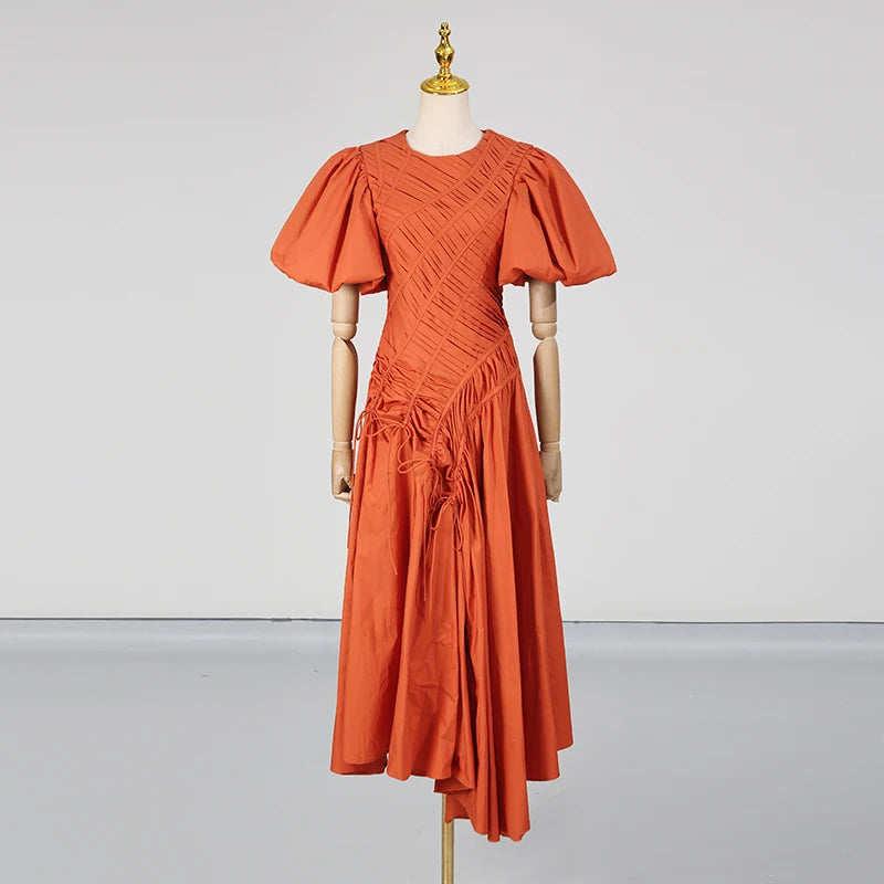 Solid Spliced Drawstring Folds Designer Maxi Dress for Women O Neck Puff Sleeve High Waist Elegant Party Dresses Female New