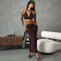 Women 2 Piece Set Sexy Halter Sleeveless Triangle Bra Crop Top Hollow Maxi Skirt Set Slim Knit Summer Beach Vacation Set