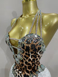 Women Sexy Sparkly Rhinestones Leopard Print Tassel Bodysuit 2026 New Evening Party Birthday Nightclub Performance Stage Costume