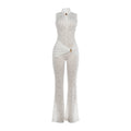 Sexy Jumpsuit Woman Metal Knot Patchwork Jacquard Ruched Waist Stretch Skinny Midnight Workout Streetwear Overalls