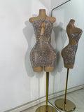 Sparkly Silver Rhinestones Mini Dress Luxury Women Sexy Mesh Hollow Out Celebrity Birthday Cocktail Dresses Performance Wear