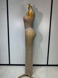 Sparkly Rhinestone Sleeveless Stretch Long Dress Women Sexy Mesh Celebrate Evening Prom Luxury Birthday Dress Evening Party Wear