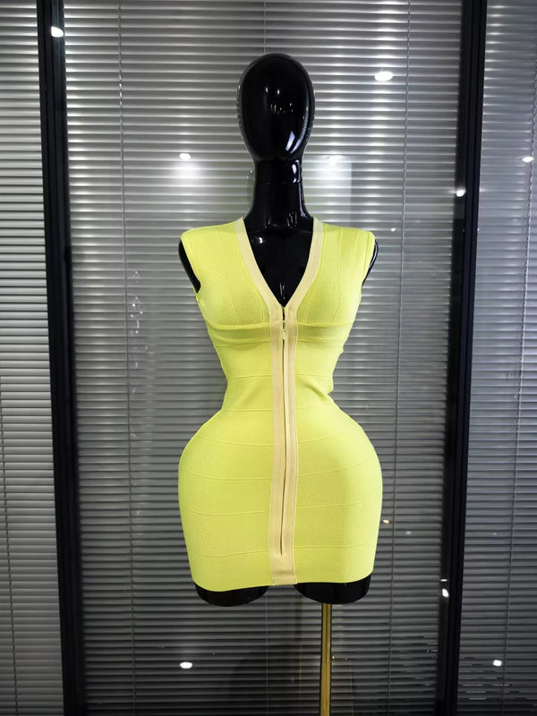 3 Colors Women Sleeveless Sexy V-Neck Front Zipper Bodycon Mini Bandage Dress Celebrate Birthday Party Cocktail Outfit