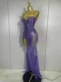 Sexy Purple Strapless Mesh See Through Long Dress Sparkly Diamond Tassel Birthday Evening Party Nightclub Bar DJ Show Stage Wear