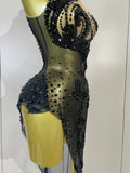 Women Black Sexy Mesh Asymmetric Bodycon Mini Dress Sparkly Diamonds Nightclub Bar Party Show Gogo Dancer Clothing Stage Costume