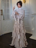 Women's Shining Tiered Ruffle Long Dress Elegant Turtleneck Lantern Sleeve High Waist Maxi Dress With Scarf Lady Evening Robes