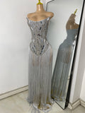 Luxury Women Diamonds Tassels Sexy Sleeveless Elegant Solid Color Maxi Evening Party Dress Celebrity Birthday Dress Prom Gowns