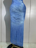 Women Elegant Evening Party Cocktail Club Prom Gowns Birthday Dress Sexy One Shoulder Tassels Sky Blue Bodycon Bandage Dress