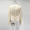 Elegant Summer Tops Women's Fashion Solid V-Neck Lace-Up Long Sleeve Tops New Chic Casual Office Lady Women's T-Shirts