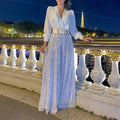 Splice Sequins Maxi Dresses For Women Fashion Folds Loose V Neck Elegant Dress Femme Party Evening Dresses Luxury
