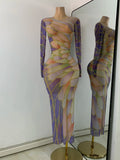 Sexy Colorful Printed Party Dress For Women Long Sleeve Mesh Rhinestones Evening Birthday Celebrity Gala Gown