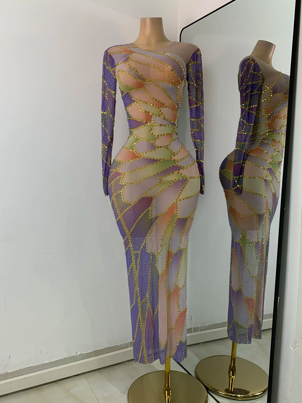 Sexy Colorful Printed Party Dress For Women Long Sleeve Mesh Rhinestones Evening Birthday Celebrity Gala Gown