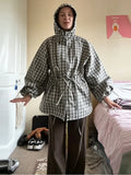 Gingham Plaid Hooded Windbreaker Jacket Drawstring Waist Loose  Outerwear 2026 Spring Autumn Lady Retro Outdoor Casual Jacket