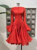 Women's Irregular Pleated Patchwork Fashion Long Flare Sleeve Waist Cinching Midi Dresses 2026 New Female Clothing