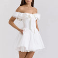 Solid Spliced Bowknot Slimming Mini Dresses For Women Slash Neck Sleeveless High Waist Temperamnet Dress Female New