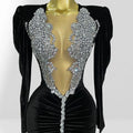 Women's Luxury Rhinestone Glam Low-cut Hip-hugging Black Velvet Dress Fashion Party Performance Gown Robe Femme Chic Et Élégante
