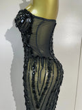 Sexy Sparkly Diamonds Black Strapless Mesh See Through Long Dress Evening Party Birthday Nightclub Photo Shoot Stage Costumes