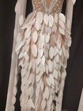 Women Elegant Sparkly Diamond Pearls Leaf Long Sleeves Mesh Sheer Maxi Dress Eveing Birthday Party Sexy Nightclub Stage Costume