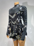 Luxury Sequins Long Sleeve Mini Dress Women Sexy Spandex Performance Dance Costume Party Celebrate Night Club Stage Outfit