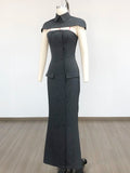 Women'S Shawl+Strapless Culottes Two-Piece Dress Sexy Backless Sleeveless Double Breasted Slim Fashion Outfit