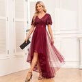 Women Elegant V-neck Ruffle Short Sleeve Evening Dress A-Line Fluffy Gauze Irregular Party Dress Formal High-Low Vestidos