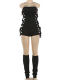 Hollow 2-Piece Set Women Tassel Bandage Low-Neck Sleeveless Backless Playsuits+Simple Leg Sleeve Midnight Sexy Suit