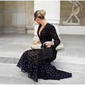 Sexy V-neck Polka Dot Long Dress Women Middle Sleeve Waist-cinching Slit Maxi Dresses Female Summer Chic Evening Party Dresses