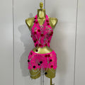 Sexy Evening Party Nightclub Performance Costume Women Birthday Mesh See-Through Pin Decoration Chain Short Dress Two-Piece Set
