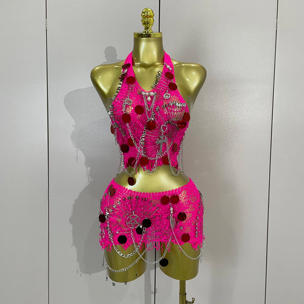 Sexy Evening Party Nightclub Performance Costume Women Birthday Mesh See-Through Pin Decoration Chain Short Dress Two-Piece Set
