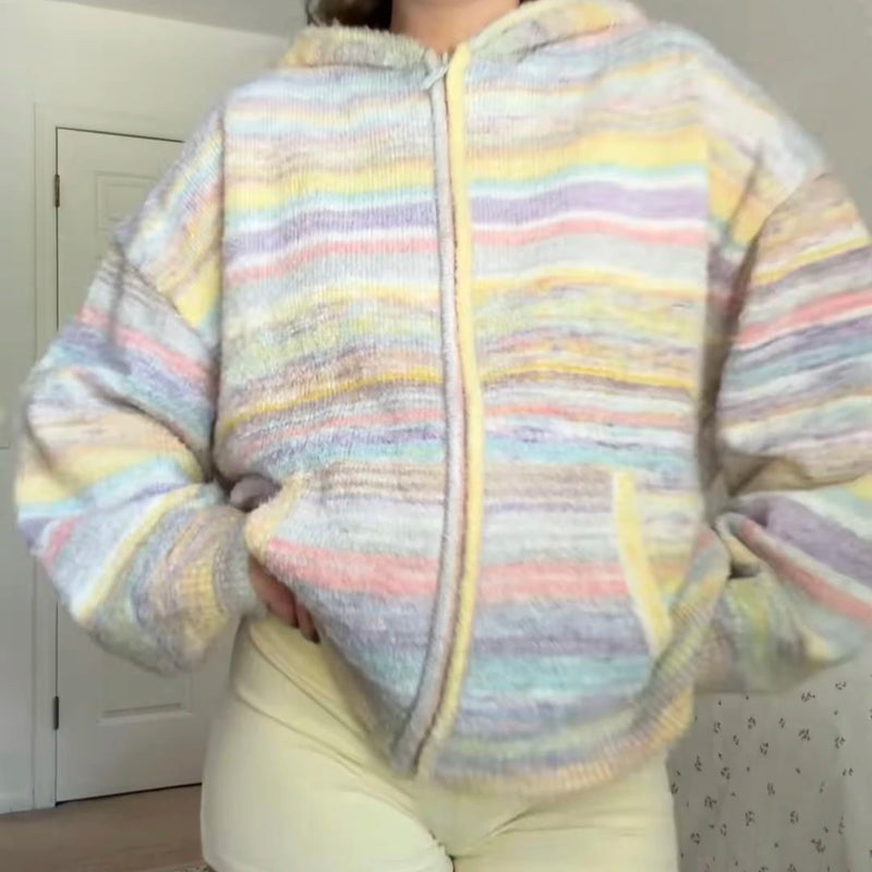Women Rainbow Stripe Hooded Knit Cardigan Zip Front Drop Shoulder Side Pocket Loose Jacket Multicolor Textured Casual Daily Wear