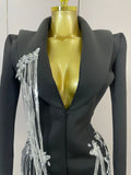 Sexy Sparkly Tassels Chains Black Suit Mini Dress Women Eveing Party Birthday Prom Nightclub Singer Performance Stage Costume