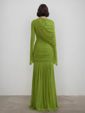 Spliced Folds Shawl Design Temperament Dresses for Women O Neck Long Sleeves Patchwork mermaid Dress Female Clothing