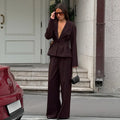 Solid Office Suit for Women Deep V Neck Long Sleeve Spliced Single Button Blazer Wide Trousers Two Piece Set Female