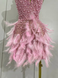 Women Sexy Celebrate Birthday Dress Luxury Rhinestones Pearls Feathers Halter Backless Short Dress Nightclub Bar Stage Costume