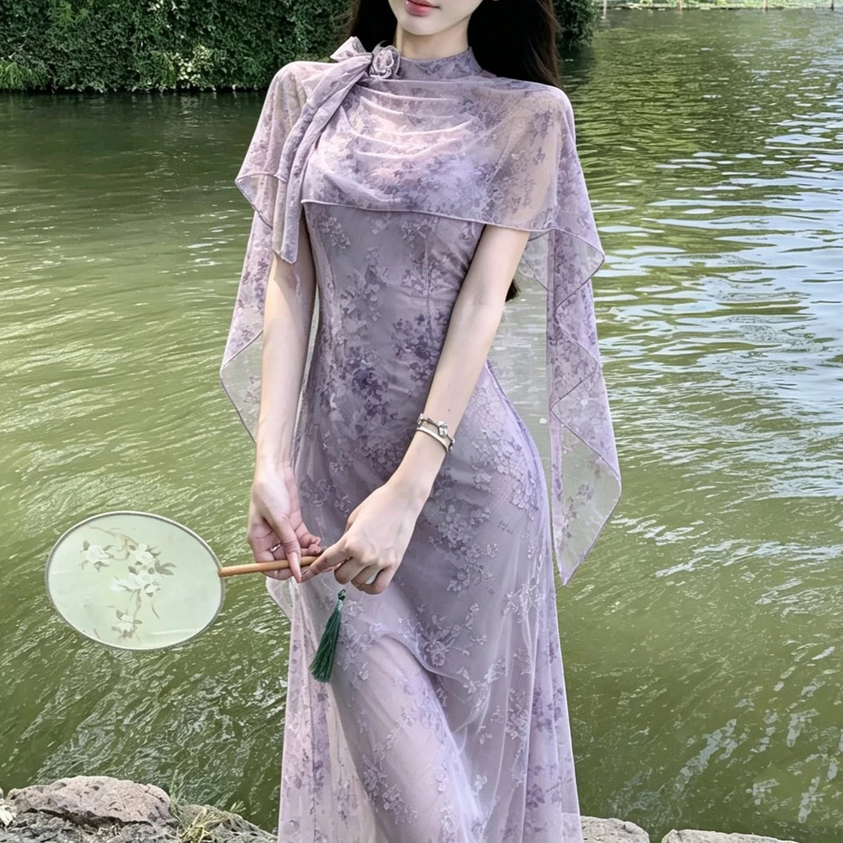 Olive Girl Purple Dramatic Qipao for Garden Wedding 2026 Fairycore Photoshoot S-L XS-3XL Plus Size Dramatic Silhouette Romantic Garden Party Editorial Not Costume Qipao Cheongsam Chinese Dress Chinese Heritage Fashion Women