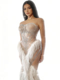 Women Birthday Evening Celebrate Party Nightclub Stage Wear Sexy Sparkly Diamonds Tassel Strapless Mesh See Through Long Dress