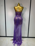 Women Sexy Strapless Purple Rhinestone Tassels Maxi Long Dress Birthday Photo Shoot Bar Nightclub Stage Performance Outfit