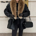 Luxury Fashion Design Black Long Faux Leather Coat Women Detachable Fur Collar Oversized PU Leather Jacket Blazer