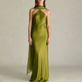 Elegant Satin Halter Floor length Dress for Women Draped Scarf Detail Sleeveless Fitted Column Mermaid Evening Party Gown