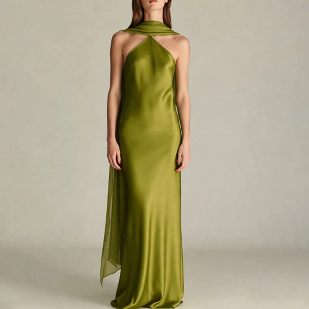 Elegant Satin Halter Floor length Dress for Women Draped Scarf Detail Sleeveless Fitted Column Mermaid Evening Party Gown