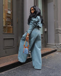 Denim Women's Set Ruched Long Sleeve Jacket and Pocket Front Loose Jeans Pants Two 2 Piece Sets Outfits Tracksuit