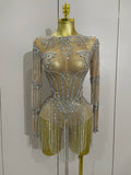 Full Sparkly Rhinestone Chain Sexy Mesh See Through Bodysuit Women Luxury Birthday Party Performance Dance Nightclub Stage Wear