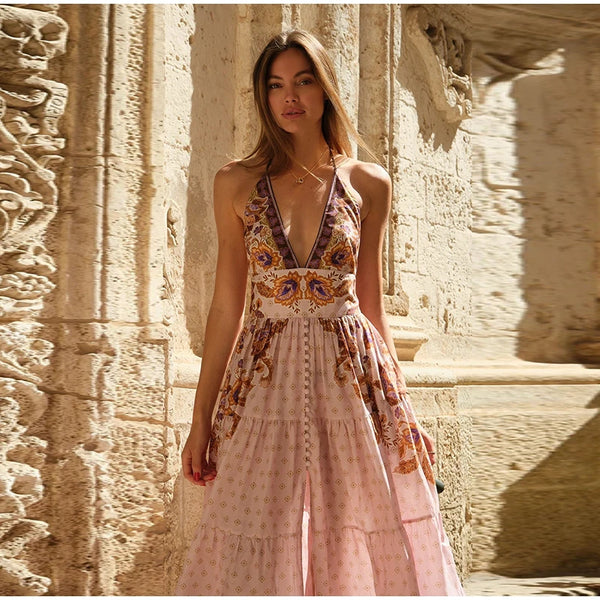 Printed Tie Halter Deep V Maxi Dress Sleeveless Empire Waist 2026 Summer Women Bohemian Beach Maxi Dress Vacation Ladies Gown