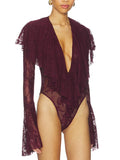 Sexy Club Burgundy Lace Plunge Bodysuit for Women Ruffled Design Long Flare Sleeves Slimming Bodysuits for Luxury Dinners