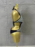 Gold Luxurious Black Bodysuit Women Sexy Halter Neck Iridescent Crystal Embellished Cutout Outfit Stage Performance Costume