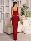 Solid Diamond Wave Cutting Design Sling Dress Sexy Sleeveless Waist Cinching Slim Women Dresses Evening Party Gown