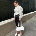 Vintage Patchwork Fish Bone Tunic Blouse for Women O Neck Puff Sleeve Spliced Zipper High End Shirts Female Autumn